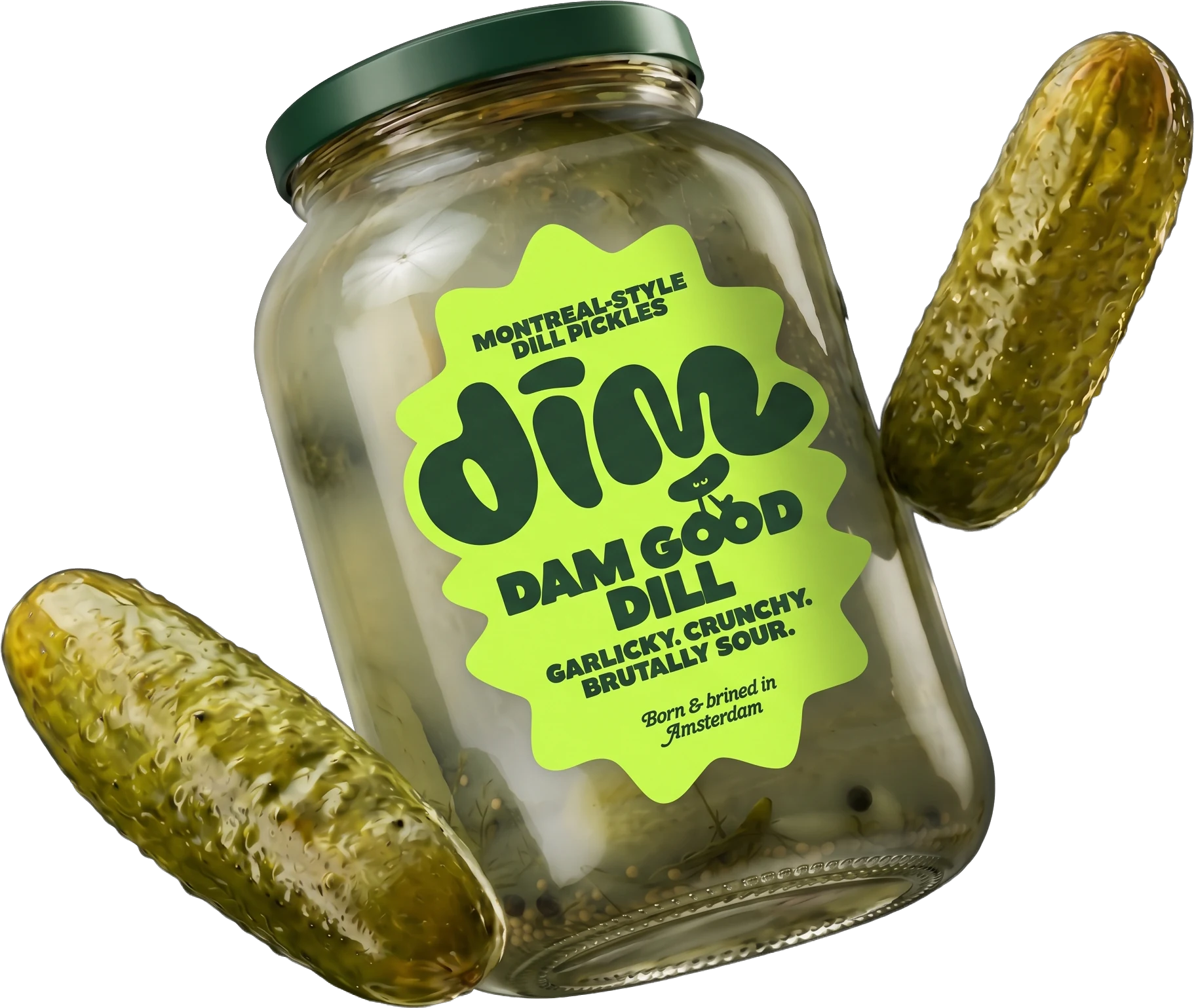 A jar of dim Dam Good Dill pickles with whole pickles flying around it